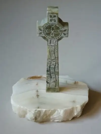 Vintage Green Etched Marble Standing Celtic Cross White Marble Base Measurements; 4 - 1/4 inches hei...