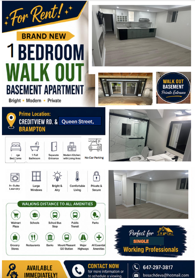 BRAND NEW LEGAL 1-BEDROOM BASEMENT APARTMENT – BRAMPTON Available Immediately Be the first to live i...