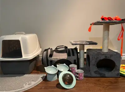 Everything you need to take care of a cat. 80$ Includes: - Litter box with hood (barely used) - Cat...