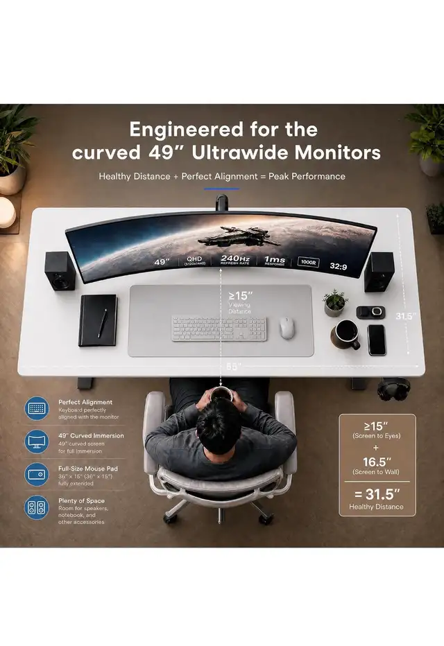 55 x 32 Inch Extra-Deep Electric Standing Desk, White