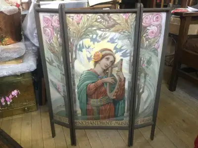 An outstanding English arts & crafts hand painted and signed folding triptych firescreen with a Pre...