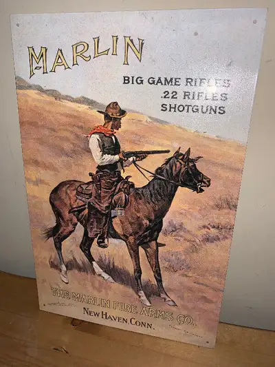 Vintage Marlin Rifles tin sign Mint, View more