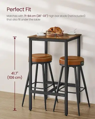 Square Tall Bar Table, Heavy-Duty Steel Frame, 60 x 60 x 106 cm, Easy Assembly, for Kitchen Living R...