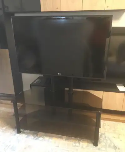 TV Stand glass shelves with 47” LG TV, View more