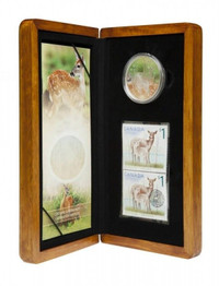 2005 $5 FINE SILVER COIN - DEER AND FAWN COIN & TWO STAMPS