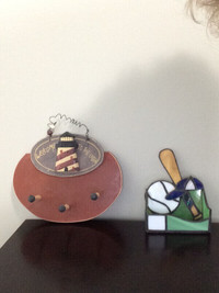 Stainglass Baseball Themed Business Card Holder, Wood Key Holder
