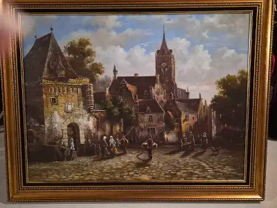 Large oil painting medieval scene with ornate frame Excellent condition Size: 47"×38"