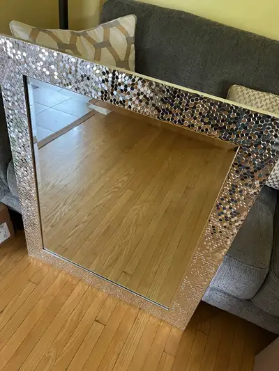 Rectangular silver framed mirror for bathroom 28” x 34” with hanging hooks for both horizontal and v...