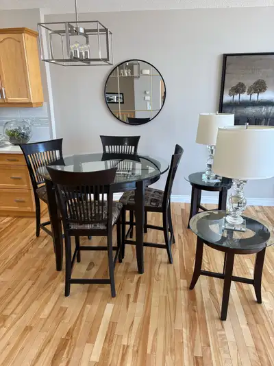 Glass Top Dining Set with end tables and lamps, View more