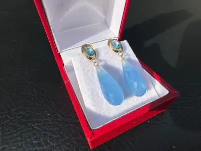 #313 - 14k Yellow Gold, Custom Earrings, Blue Topaz & Blue Jade, View more