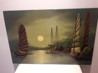 Vintage Asian Laminated Junk Boat Oil Painting framed.