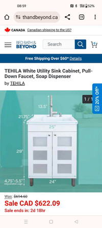 White Utility Sink Cabinet, Pull-Down Faucet, Soap Dispenser