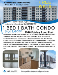 1 bed 1 bath never lived in large 964 sq ft condo for lease!