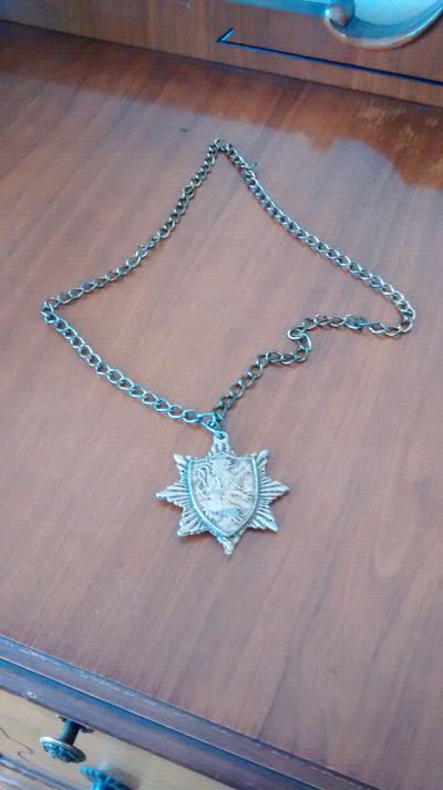 Vintage Heavy Gold Tone Medallion Lion Crest Pendant on Extra Long Chunky Chaim 17 1/2 inches long w...