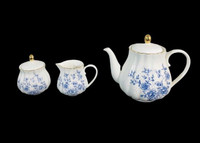 1990s Bombay Company Teapot, sugar and creamer, blue and white 