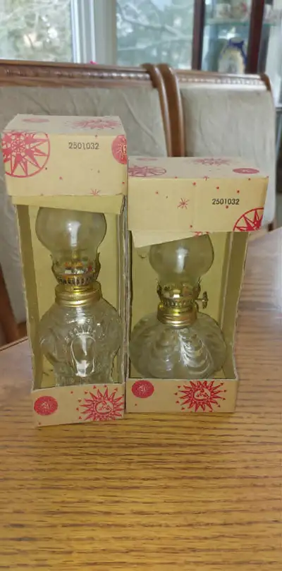Pair of cute small 6 and 7' oil lamps new in boxes, View more