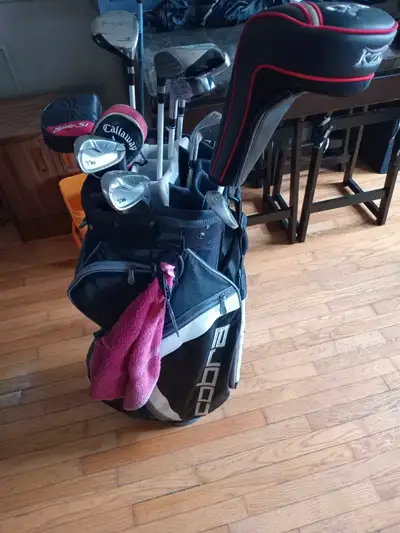 set of right hand golf clubs and cart bag, View more