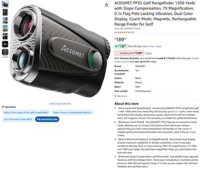 ACEGMET PFS5 Golf Rangefinder 1300 Yards with Slope Compensation, View more