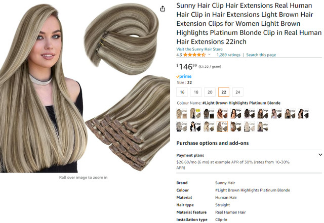 NEW: 22 Inch Clip In Real Human Hair Extensions, 120g in Health & Special Needs in Markham / York Region - Image 2