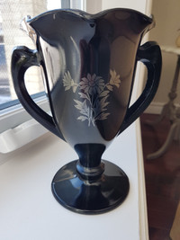 Vintage L E Smith Black Amythyst Vase with Silver Floral Overlay