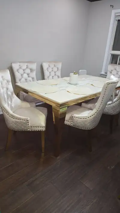 Luxury White Gloss Dining Table with 6 Beige Velvet Chairs, View more