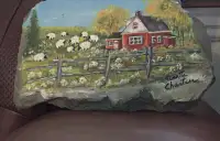 Peinture sur pierre paysage  de moutons,  Ginette Chartier