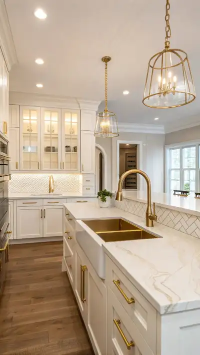 Custom White Kitchen Cabinetry with Gold vain countertops, View more