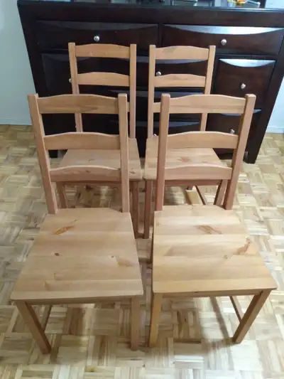 Set of 4 pine kitchen chairs., View more
