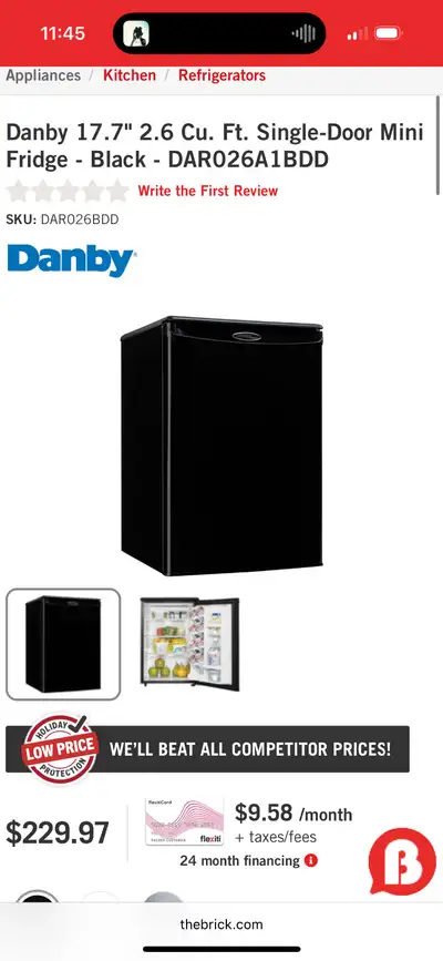 Danby 17.7" 2.6 Cu. Ft. Single-Door Mini Fridge - Black - DAR026A1BDD Works perfectly fine, clean, n...