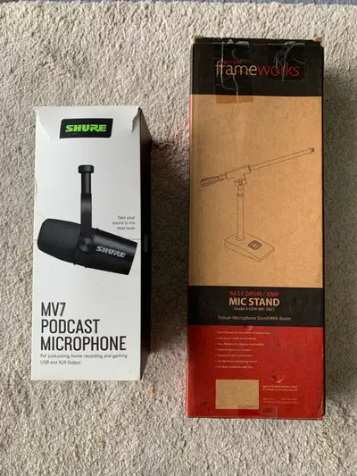 Shure MV7 Microphone with a microphone stand, View more