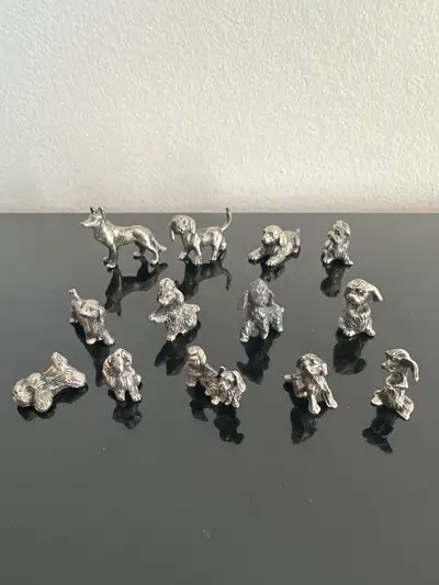 Solid metal vintage miniature dog figurines. Set of 13., View more