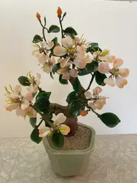 Vintage Chinese Peach & Jade Stone Glass Bonsai Flower Tree