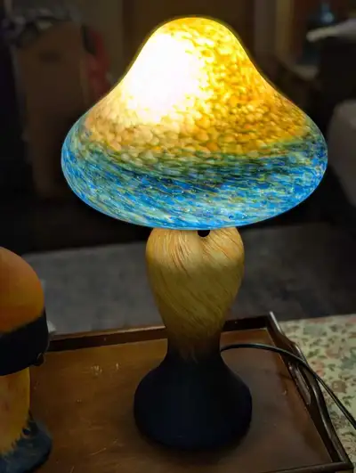 Large Art Nouveau style table lamp. Mushroom-shaped table lamp made of acid-etched glass paste. Refi...