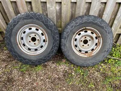 Pair of 17” steel wheels for 5 bolt ram truck. Tires aren’t great but hood air 285/70R17 e rated. On...