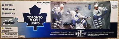 McFarlane triple figure set, 3 assorted figures, Curtis Joseph figure & signed mini stick. Two plast...