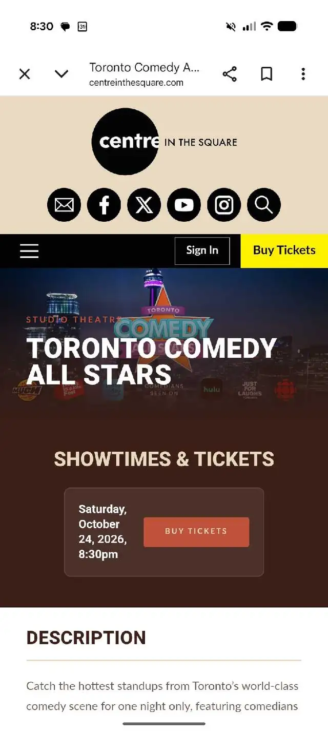 Comedy Show Tix - Oct 24 - Centre in the Square - KW