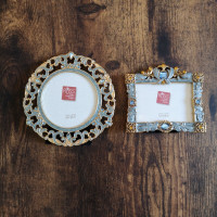 2 x Gold & Blue Enamel Picture Frames with Blue & Amber Crystals