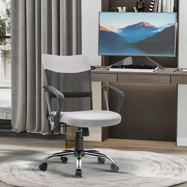 Mid Back Office Chair, Linen Adjustable Office Chair with Lumbar in Chairs & Recliners in Markham / York Region - Image 9
