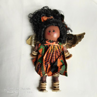 Vintage black solid wood button Bobbin angel doll tree topper