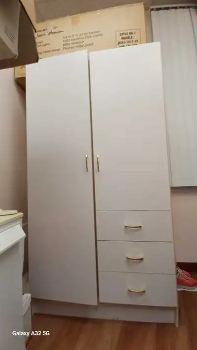 White wardrobe with 3 drawers and gold pulls, View more