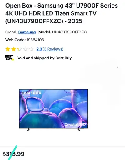 2025 - Samsung 43" U7900F Series 4K UHD HDR LED Tizen Smart TV, View more