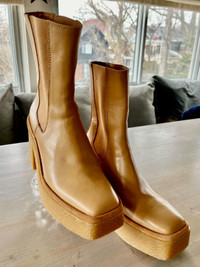 Zara Sand Leather Crepe Heel Chelsea Platform Boot EU 39  US 8.5