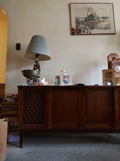 Electrohome vintage Hi-fi wood stereo console with Gerrard turntable inside under middle wood liftup...