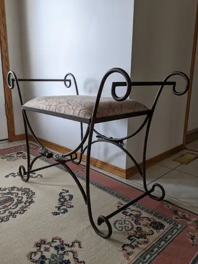Wrought Iron /Metal frame bronze accent / vanity stool with upholstered beige seat, total width 32",...