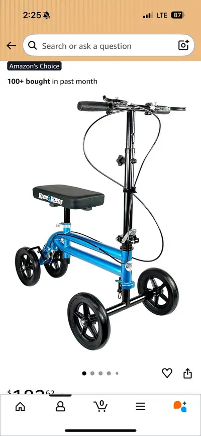 Knee scooter: $150 Wheeler chair: $150 Walker: $125.00 Walking boot: $10 Bath chair: $5 Everything i...