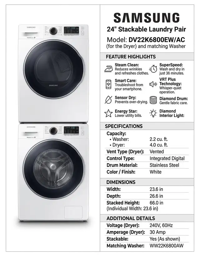 Samsung 24" Stackable Washer and Dryer Pair in Washers & Dryers in City of Toronto - Image 6
