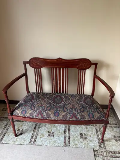 antique wood bench with upholstered seating, View more