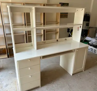 White desk w upper shelves 63”w x 23.5” d x 28.5”/60” tall  , View more