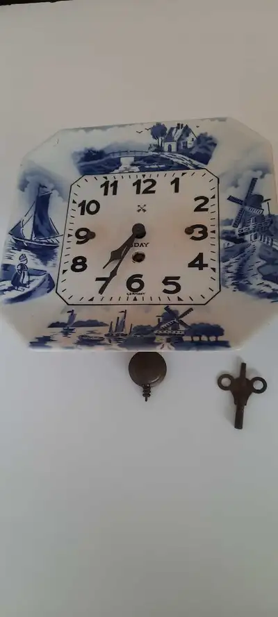 Vintage German 8-Day Delft Style Ceramic Wall Clock, Newark Co., View more