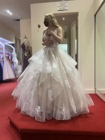 Wedding dress A line. Blush pink skirt, white tulle and lace. Wedding dress size 8. Unaltered, not u...